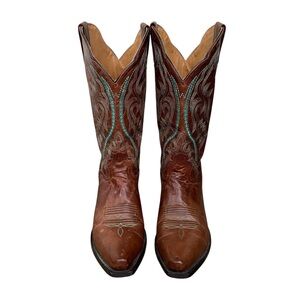 J.B. DILLON Goat Leather Cowgirl Western Heeled Boots Brown Turquoise 10
